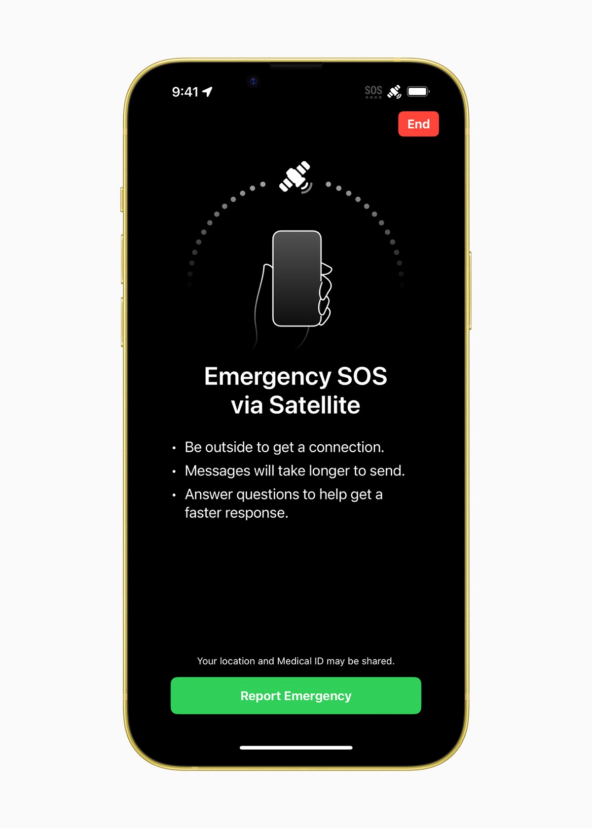 Экстренный вызов SOS через спутник позволяет пользователям отправлять сообщения экстренным службам, находясь вне зоны покрытия сотовой связи и Wi-Fi.